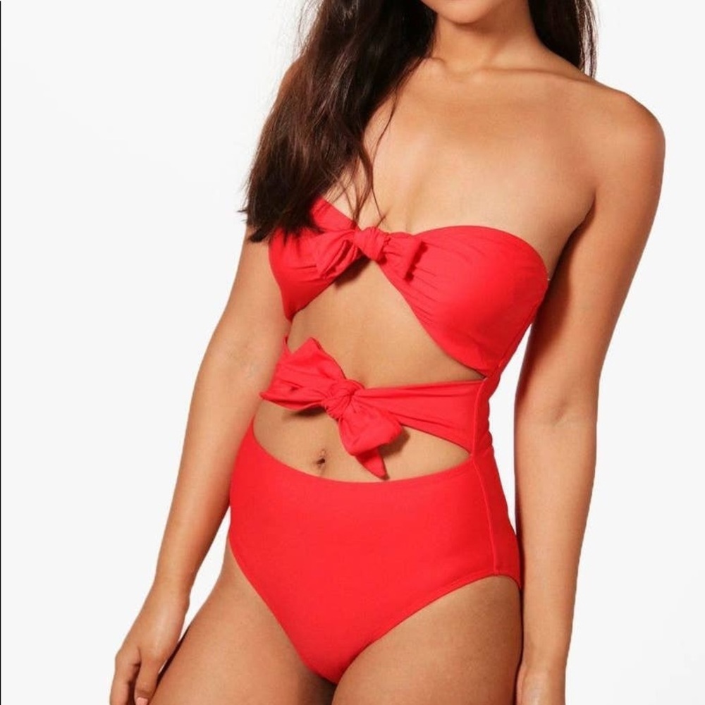 Boohoo Red One Piece Cutout Strapless Swimsuit NEW Size 12